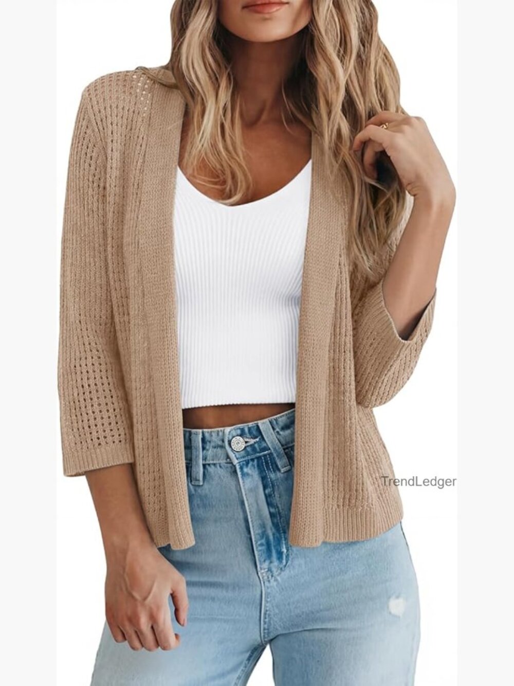 3/4 Sleeve Openwork Knit Cardigan Shrug, Recycled Viscose, Spring Casual